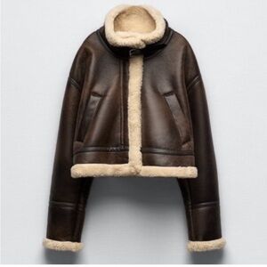 ZARA Brown Tan Faux Leather Fur Aviator
Moto Jacket